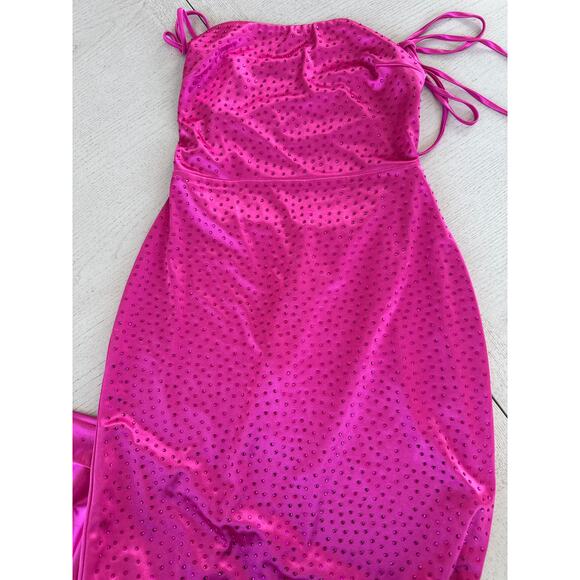 Lulus Radiant Stunner Hot Pink Satin Rhinestone Lace Up Maxi Prom Dress - Picture 6 of 6